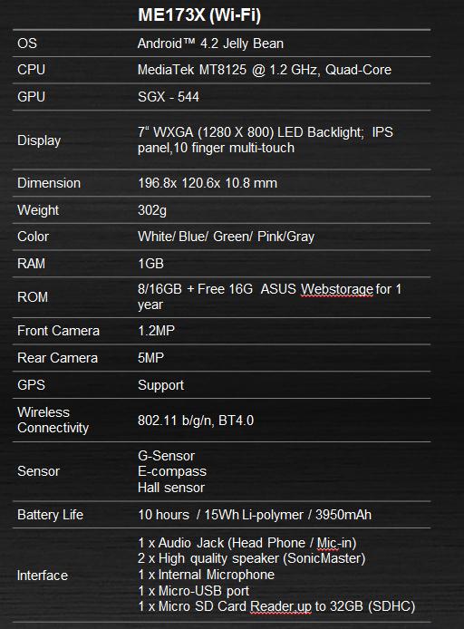 ASUS MEMO PAD Specs