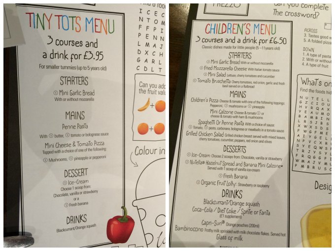 prezzo kids menu